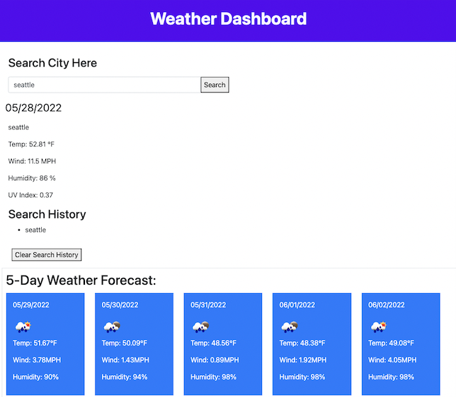 screenshot of a weather website displaying a searched city and a 5 day forecast